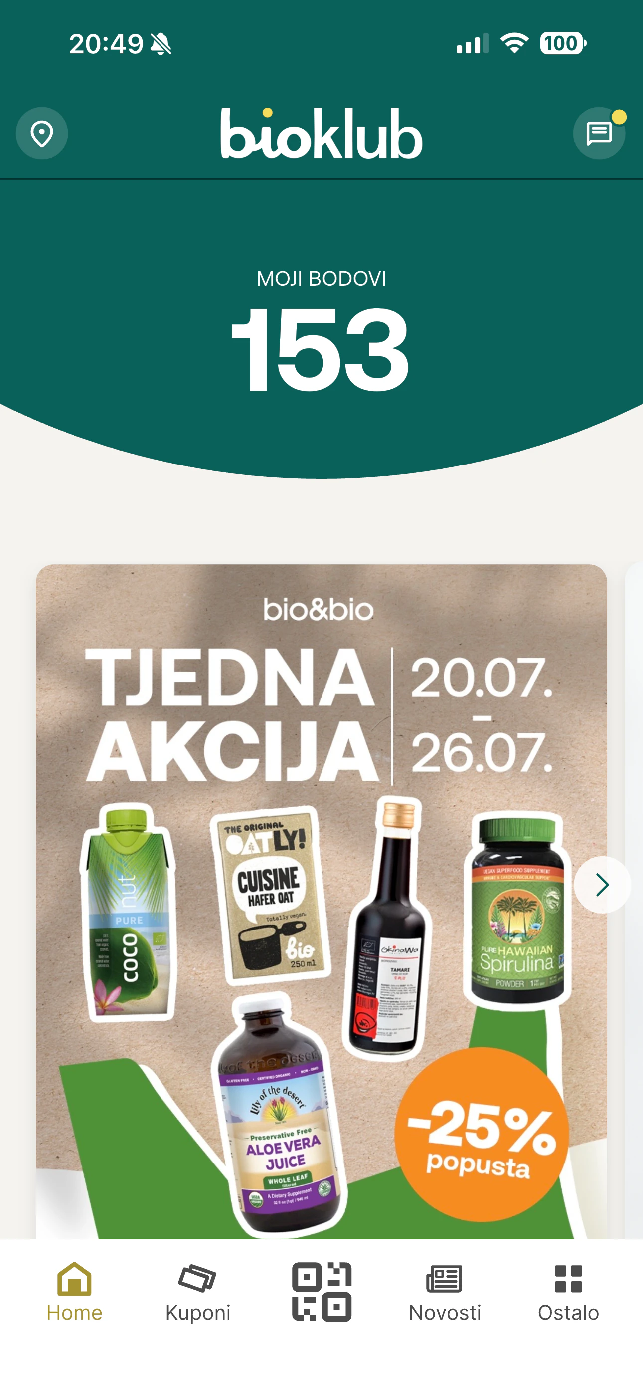 Početni zaslon bioklub aplikacije s bodovima i aktualnim ponudama